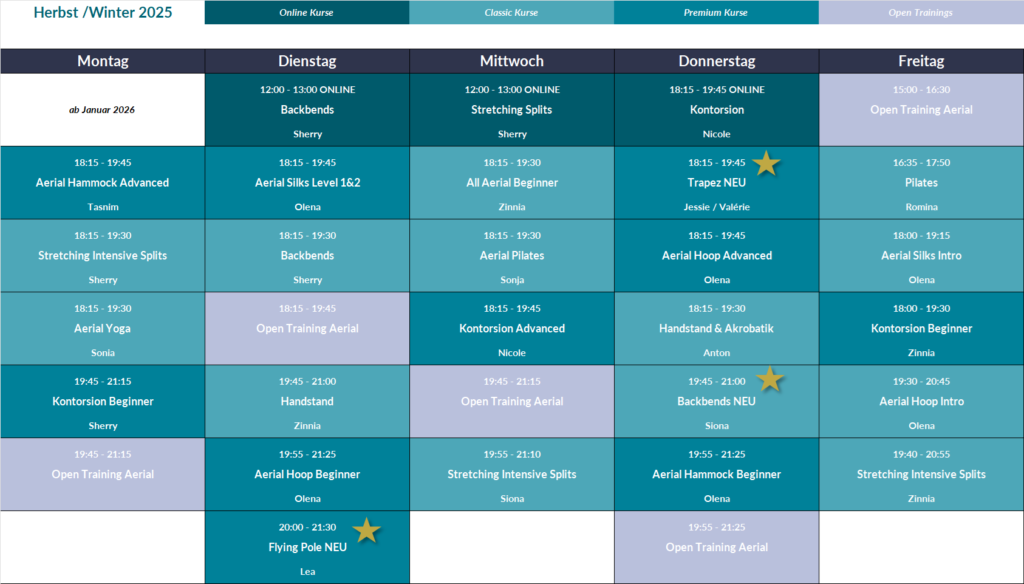 Kursplan Luftakrobatikstudio IMA in Berlin