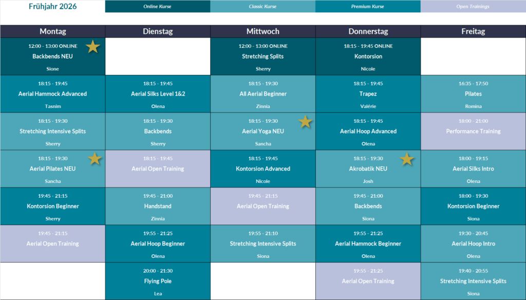 Aerial und Stretching Kurse Kursplan