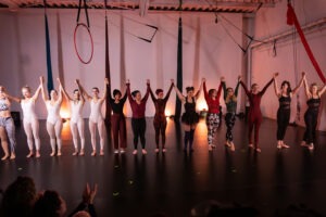 Eine Gruppe Teilnehmer:innen einer Schüler Show stehen in Kostümen Hand-in-Hand auf der Bühne eines Luftakrobatikstudios und heben die Hände zum Finale